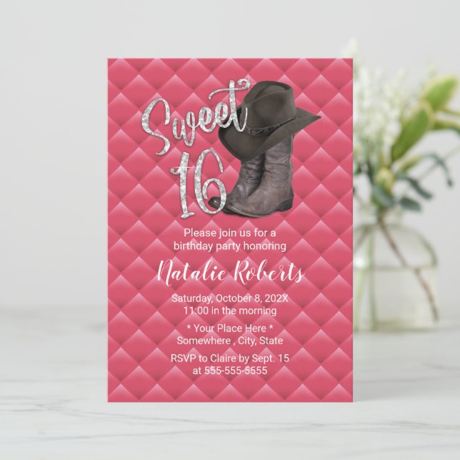 Invitation Sweet 16 Luxury Rose Quilted Cowgirl Anniversaire (Debout devant)