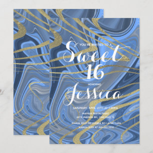 Invitation Sweet 16   Marbre Quince Liquide Bleu Faux Or