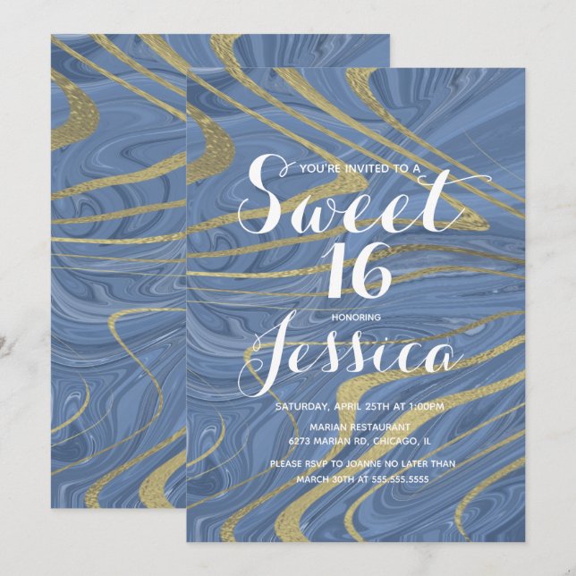 Invitation Sweet 16 | Marbre Quince Liquide Bleu Faux Or (Devant / Derrière)