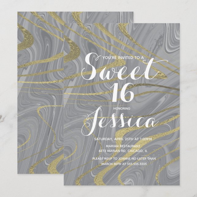 Invitation Sweet 16 | Marbre Quince Liquide Gris Faux Or (Devant / Derrière)