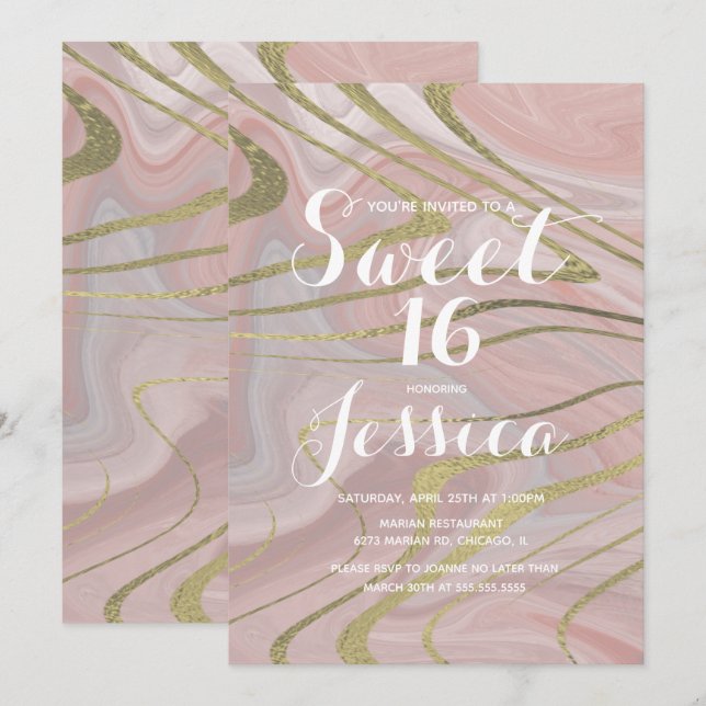 Invitation Sweet 16 | Marbre Quince Liquide Rose Faux Or (Devant / Derrière)