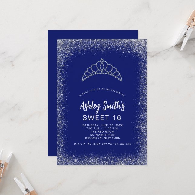 Invitation Sweet 16 Marine Bleu Parties scintillant Argent Di (Devant/Arrière en situation)