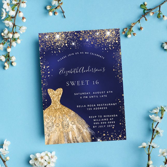 Invitation Sweet 16 marine bleu robe or luxe (Créateur téléchargé)