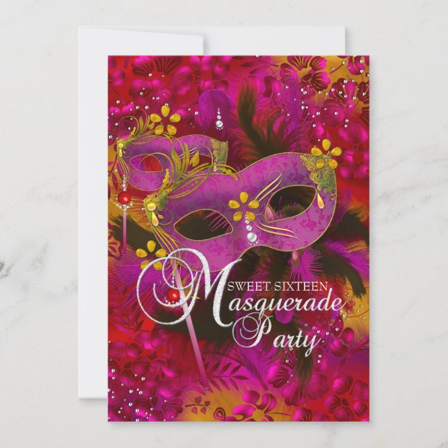 Invitation Sweet 16 Masquerade Florale Or Rose (Devant)