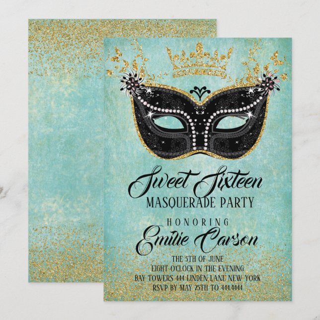 Invitation Sweet 16 Masquerade Parties scintillant or et Aqua (Devant / Derrière)
