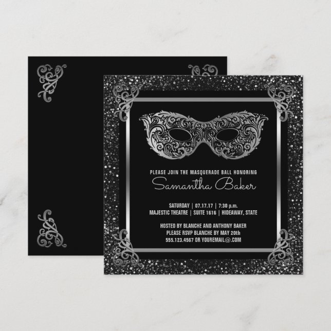 Invitation Sweet 16 Masquerade Party| Argent Sweet sixteen (Devant / Derrière)