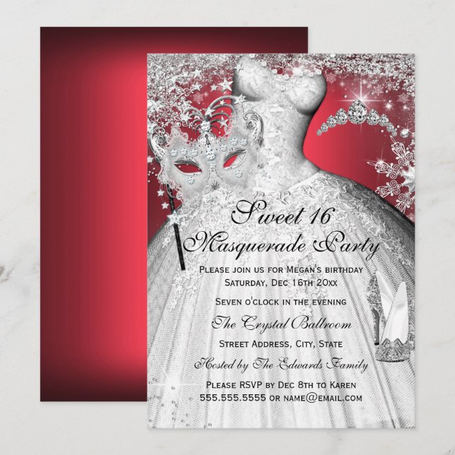 Invitation Sweet 16 Masquerade Princesse Rouge Arg (Devant / Derrière)