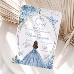 Invitation Sweet 16 Mis Quince Dusty Bleu & Silver Floral