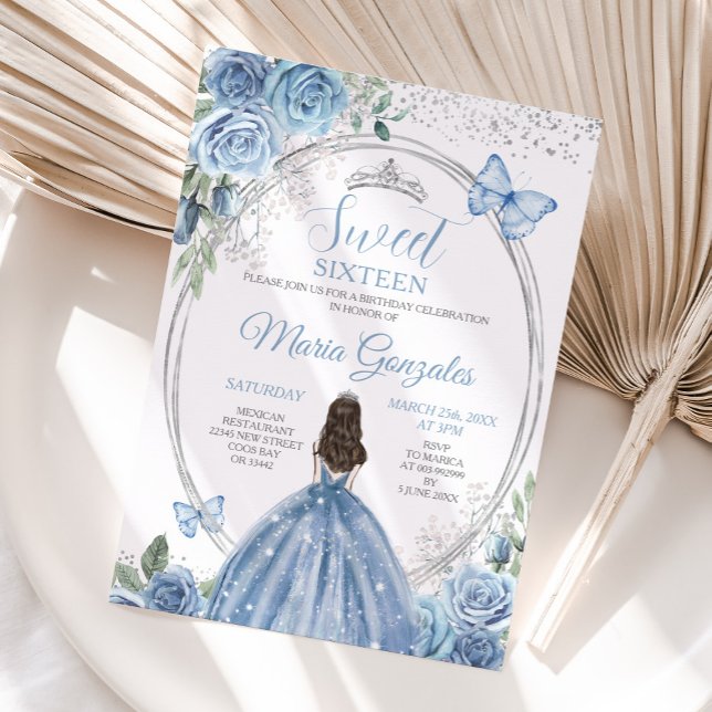 Invitation Sweet 16 Mis Quince Dusty Bleu & Silver Floral (Créateur téléchargé)