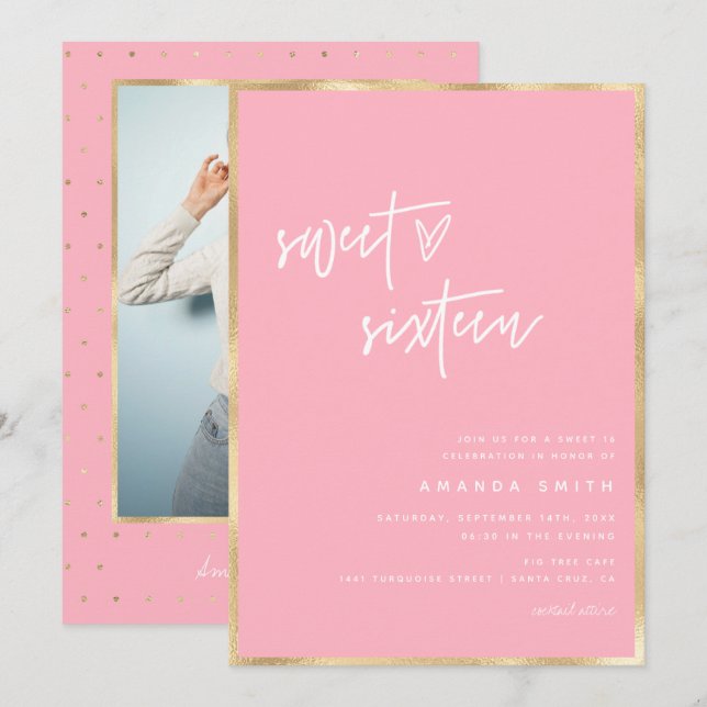 Invitation Sweet 16 Modern Script Gold Blush Pink Anniversair (Devant / Derrière)