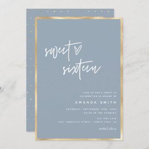 Invitation Sweet 16 Modern Script Gold Dusty Blue Anniversair