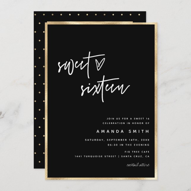 Invitation Sweet 16 Modern Script Gold Foil Noir Anniversaire (Devant / Derrière)