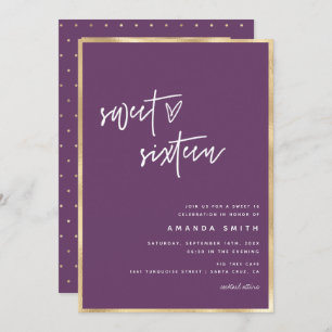 Invitation Sweet 16 Modern Script Gold Foil Purple Anniversai
