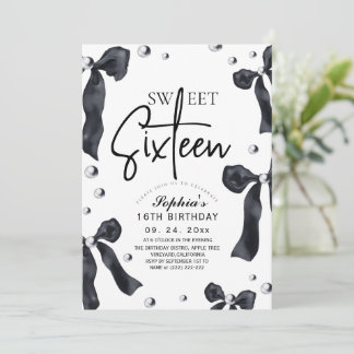 Invitation Sweet 16 Modern Stylish Black Bow Birthday Party