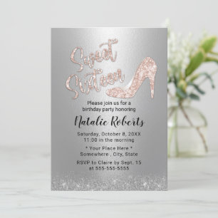 Invitation Sweet 16 moderne Rose d'argent or haut talon