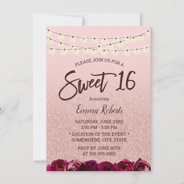 Invitation Sweet 16 Moderne Rose Gold Floral Lumières à corde (Devant)