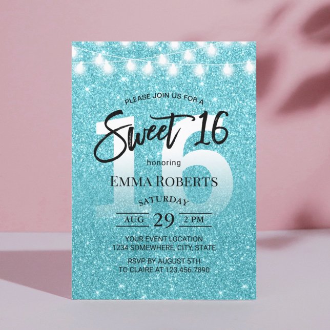 Invitation Sweet 16 Moderne Turquoise Parties scintillant Fil (Créateur téléchargé)