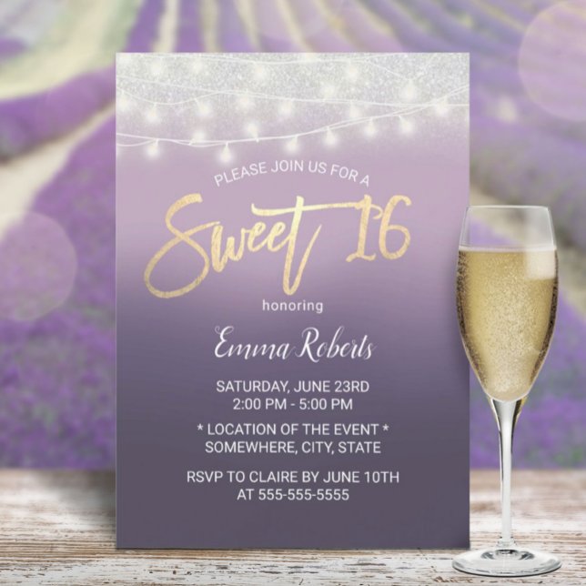 Invitation Sweet 16 moderne violet ombre Parties scintillant  (Créateur téléchargé)