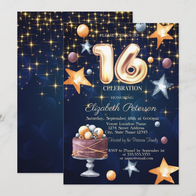 Invitation Sweet 16 Navy Blue Gâteau Étoiles (Devant / Derrière)