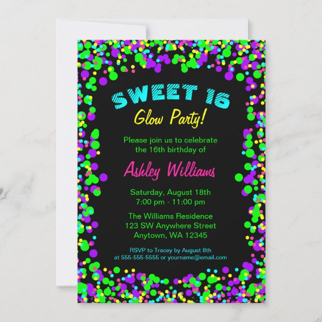 Invitation Sweet 16 Neon Glow Confetti fête d'anniversaire (Devant)