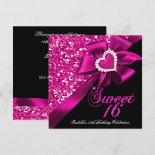 Invitation Sweet 16 Nœud Papillon Cœur Rose Chaud Noir Party