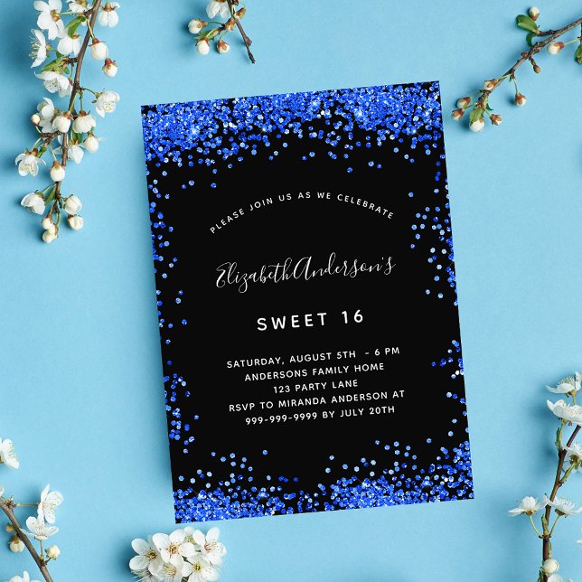 Invitation Sweet 16 noir bleu royal scintille luxe (Créateur téléchargé)