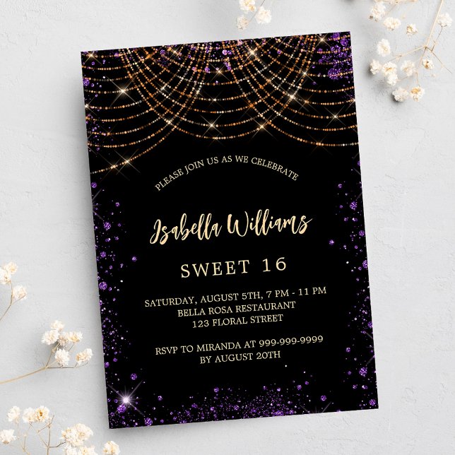 Invitation Sweet 16 noir violet or parties scintillant luxe (Créateur téléchargé)