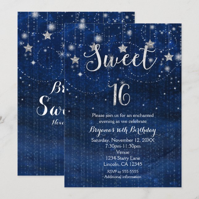 Invitation Sweet 16 Nuit étoilée argent et bleu (Devant / Derrière)