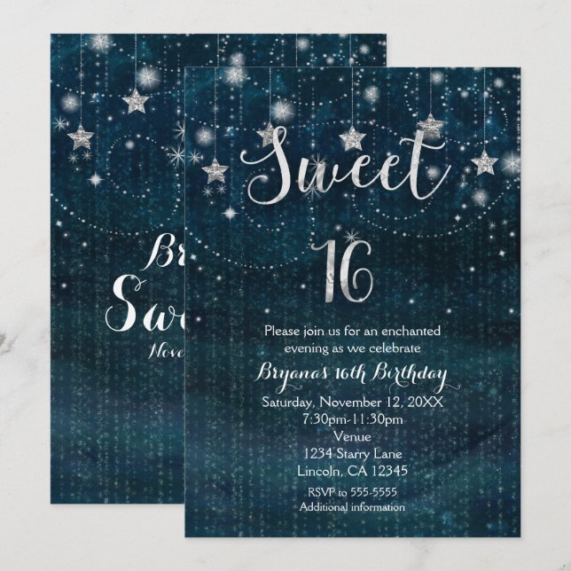 Invitation Sweet 16 Nuit Étoilée Argent et Bleu (Devant / Derrière)