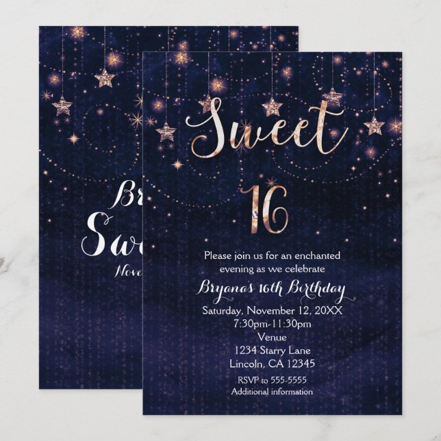 Invitation Sweet 16 Nuit Étoilée Violet et Or (Devant / Derrière)