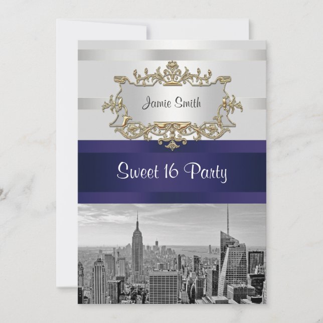 Invitation Sweet 16 NYC Skyline BW 05 Blanc Navy 2 (Devant)