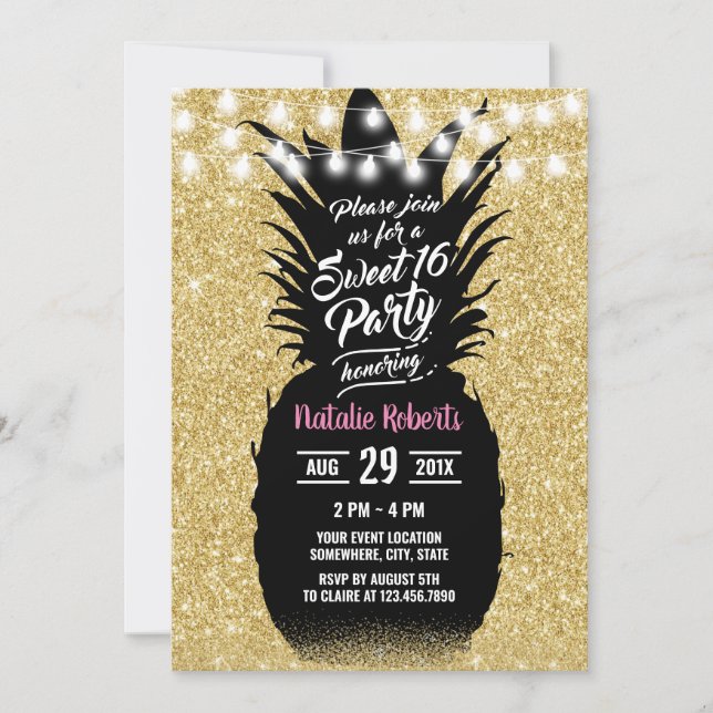 Invitation Sweet 16 Or moderne Parties scintillant ananas (Devant)
