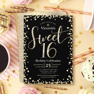 Invitation Sweet 16 Or moderne Parties scintillant noire Fill