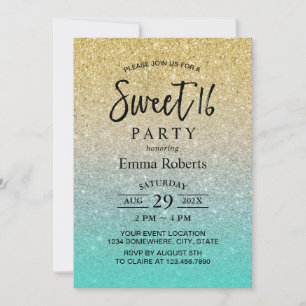 Invitation Sweet 16 Or moderne & Parties scintillant Turquois