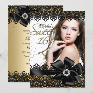 Invitation Sweet 16 Pailleté Or & Noir Broderie en