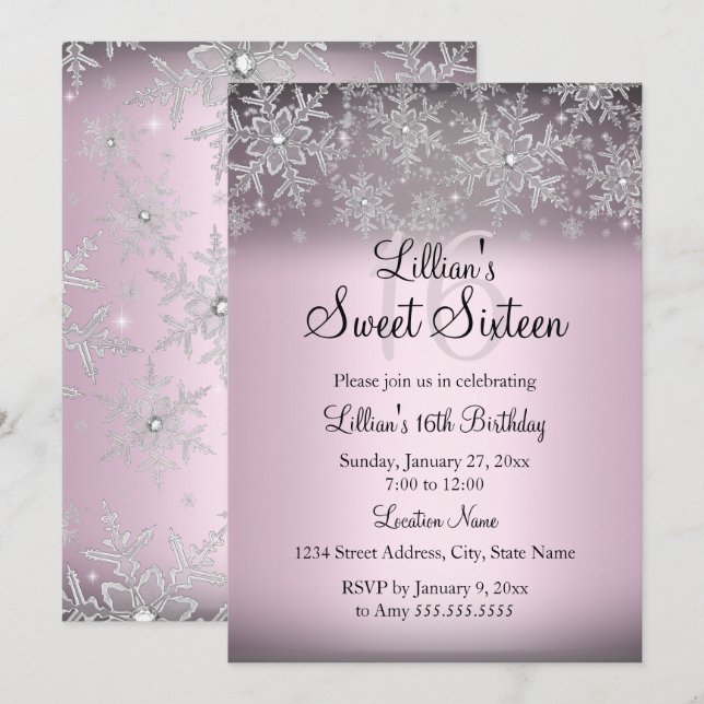 Invitation Sweet 16 Pailletée Rose Flocon de Neige (Devant / Derrière)