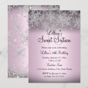 Invitation Sweet 16 Pailletée Rose Flocon de Neige