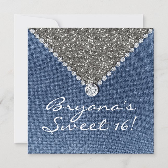 Invitation Sweet 16 Paillettes Argentées Denim Dia (Devant)