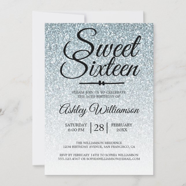 Invitation Sweet 16 Pale Blue Parties scintillant Ombre 16e a (Devant)