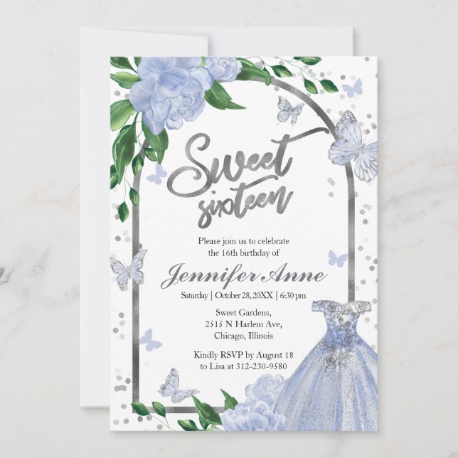 Invitation Sweet 16 Papillons Dusty Blue Gown (Devant)