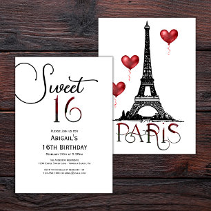 Invitation Sweet 16 Paris tendance, Tour Eiffel, Ballons roug