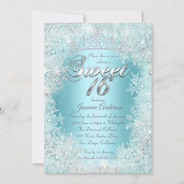 Invitation Sweet 16 Partie Turquoise bleu Argent hiver Wonder (Devant)