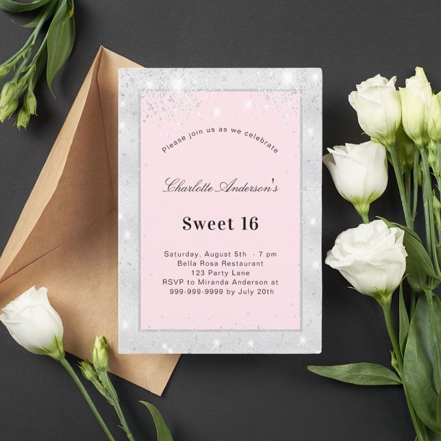 Invitation Sweet 16 parties scintillant argent rose pâle (Créateur téléchargé)