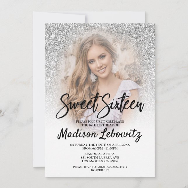 Invitation Sweet 16 Parties scintillant argentée glamour Invi (Devant)