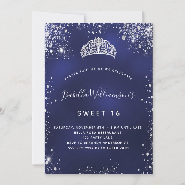 Invitation Sweet 16 parties scintillant bleu argent scintille (Devant)