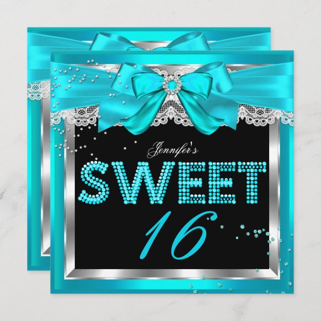 Invitation Sweet 16 Parties scintillant bleue Turquoise Glam  (Devant / Derrière)