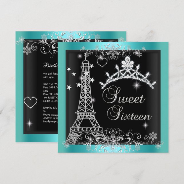 Invitation Sweet 16 Parties scintillant bleue Turquoise Tiara (Devant / Derrière)