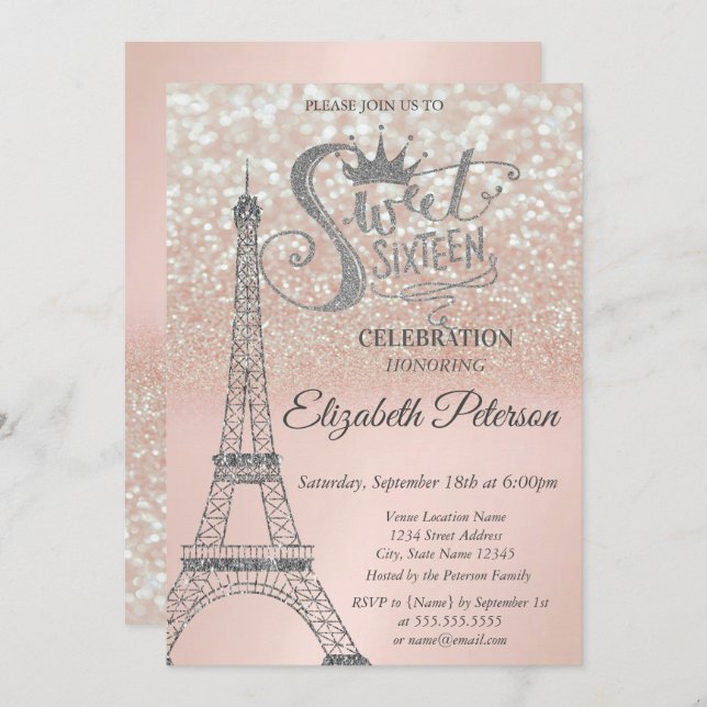 Invitation Sweet 16 Parties scintillant Bokeh Ombre, Tour Eif (Devant / Derrière)