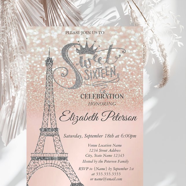 Invitation Sweet 16 Parties scintillant Bokeh Ombre, Tour Eif (Créateur téléchargé)
