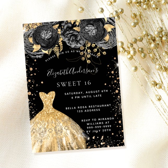 Invitation Sweet 16 parties scintillant en or noir robe flora (Créateur téléchargé)